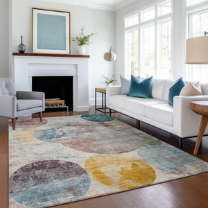 HomeRoots 8' X 10' Geometric Washable Area Rug in Beige, Teal Blue & Gold - Durable, Stylish Indoor/Outdoor Accent 689814