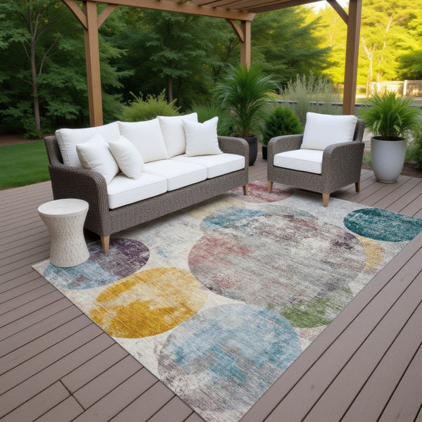 HomeRoots 8' X 10' Geometric Washable Area Rug in Beige, Teal Blue & Gold - Durable, Stylish Indoor/Outdoor Accent 689814