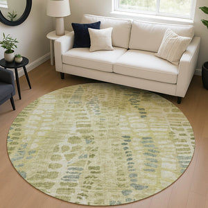 HomeRoots 8' Round Artichoke Green and Beige Abstract Area Rug - Washable, Durable, Perfect for Indoor & Outdoor Use 689819