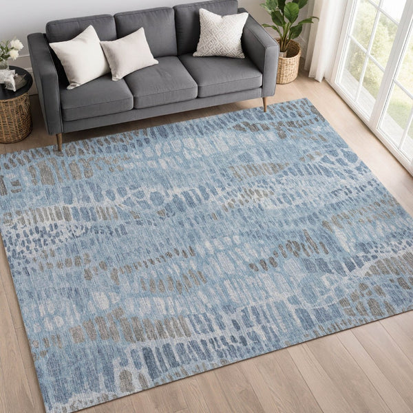 HomeRoots 10' X 14' Denim Blue Abstract Washable Area Rug – Stylish, Durable & Stain-Resistant for Indoors/Outdoors 689834