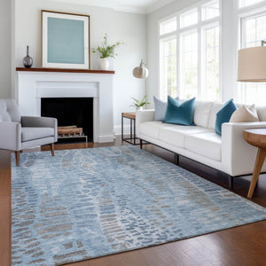 HomeRoots 10' X 14' Denim Blue Abstract Washable Area Rug – Stylish, Durable & Stain-Resistant for Indoors/Outdoors 689834