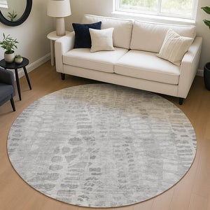 HomeRoots 8' Gray and Silver Round Abstract Area Rug - Stylish, Washable, Durable for Indoor & Outdoor Use 689837