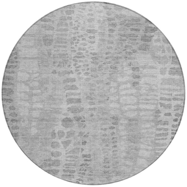 HomeRoots 8' Gray and Silver Round Abstract Area Rug - Stylish, Washable, Durable for Indoor & Outdoor Use 689837