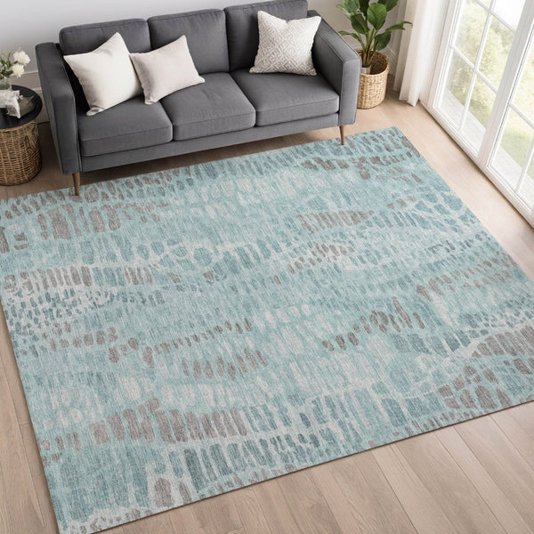 HomeRoots 5' Teal Blue and Gray Abstract Washable Area Rug - Durable Indoor/Outdoor Design for Modern Spaces 689848
