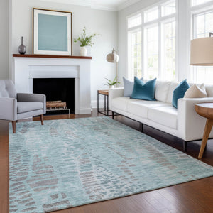 HomeRoots 5' Teal Blue and Gray Abstract Washable Area Rug - Durable Indoor/Outdoor Design for Modern Spaces 689848