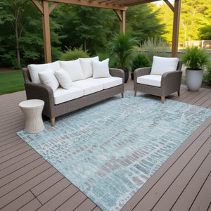 HomeRoots 5' Teal Blue and Gray Abstract Washable Area Rug - Durable Indoor/Outdoor Design for Modern Spaces 689848
