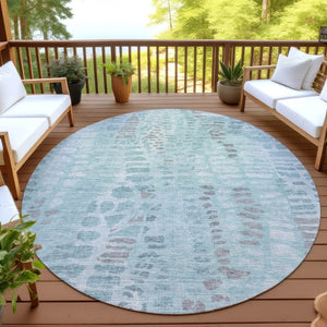 HomeRoots 8' Teal Blue and Gray Round Abstract Area Rug – Modern, Washable, Indoor/Outdoor, Stain-Resistant Design 689849