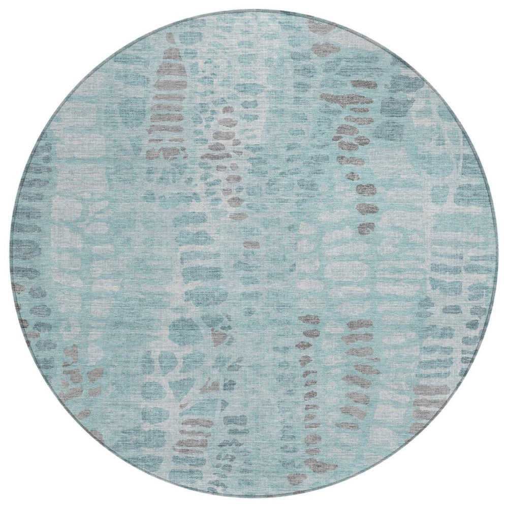 HomeRoots 8' Teal Blue and Gray Round Abstract Area Rug – Modern, Washable, Indoor/Outdoor, Stain-Resistant Design 689849