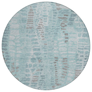 HomeRoots 8' Teal Blue and Gray Round Abstract Area Rug – Modern, Washable, Indoor/Outdoor, Stain-Resistant Design 689849