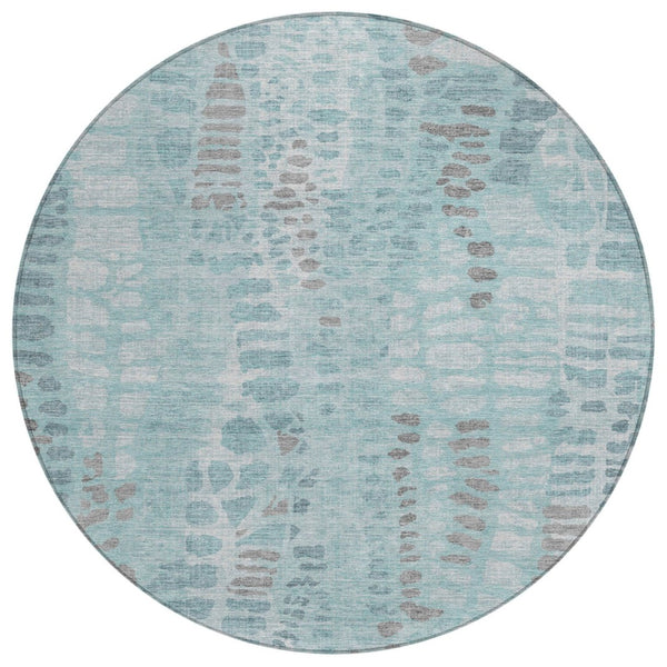 HomeRoots 8' Teal Blue and Gray Round Abstract Area Rug – Modern, Washable, Indoor/Outdoor, Stain-Resistant Design 689849