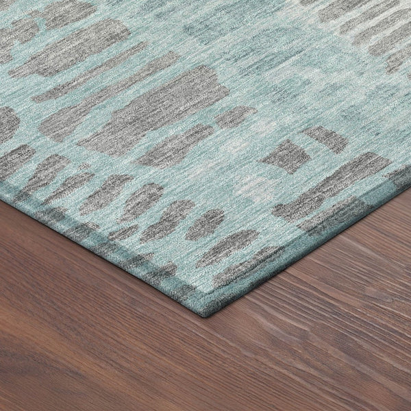 HomeRoots 8' Teal Blue and Gray Round Abstract Area Rug – Modern, Washable, Indoor/Outdoor, Stain-Resistant Design 689849