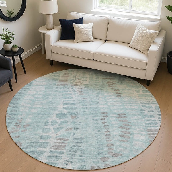 HomeRoots 8' Teal Blue and Gray Round Abstract Area Rug – Modern, Washable, Indoor/Outdoor, Stain-Resistant Design 689849