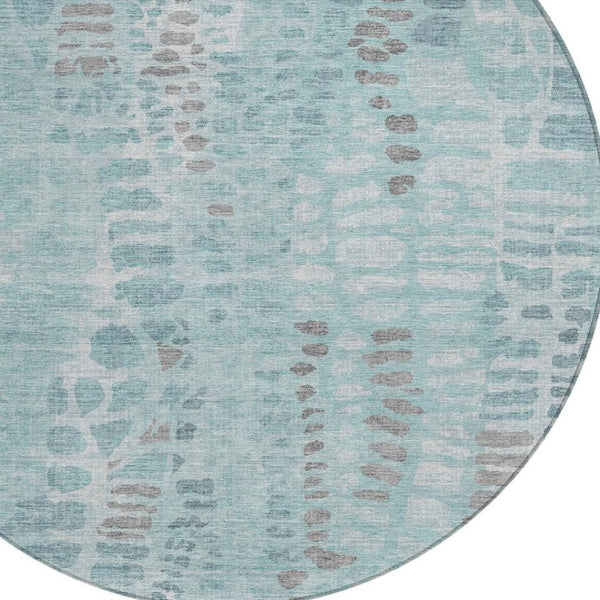 HomeRoots 8' Teal Blue and Gray Round Abstract Area Rug – Modern, Washable, Indoor/Outdoor, Stain-Resistant Design 689849