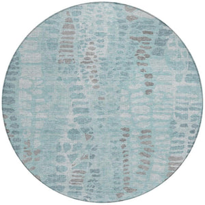 HomeRoots 8' Teal Blue and Gray Round Abstract Area Rug – Modern, Washable, Indoor/Outdoor, Stain-Resistant Design 689849