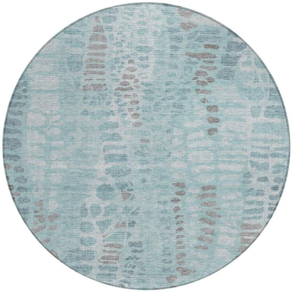 HomeRoots 8' Teal Blue and Gray Round Abstract Area Rug – Modern, Washable, Indoor/Outdoor, Stain-Resistant Design 689849