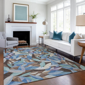 HomeRoots 5' Brown and Blue Floral Area Rug – Washable, Durable Indoor/Outdoor Design for Versatile Home Use 689854
