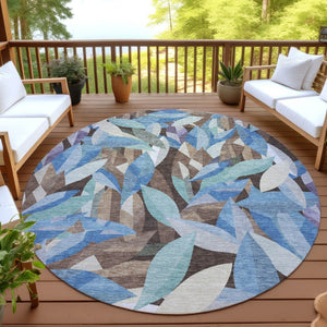HomeRoots 8' Round Floral Area Rug in Brown and Blue | Washable, Stain-Resistant, Indoor/Outdoor Charm 689855