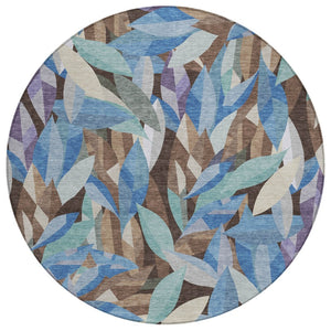 HomeRoots 8' Round Floral Area Rug in Brown and Blue | Washable, Stain-Resistant, Indoor/Outdoor Charm 689855