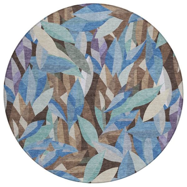 HomeRoots 8' Round Floral Area Rug in Brown and Blue | Washable, Stain-Resistant, Indoor/Outdoor Charm 689855