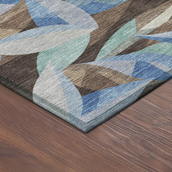 HomeRoots 8' Round Floral Area Rug in Brown and Blue | Washable, Stain-Resistant, Indoor/Outdoor Charm 689855