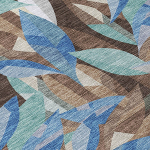 HomeRoots 8' Round Floral Area Rug in Brown and Blue | Washable, Stain-Resistant, Indoor/Outdoor Charm 689855
