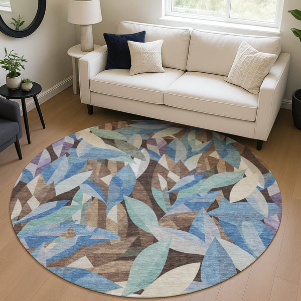 HomeRoots 8' Round Floral Area Rug in Brown and Blue | Washable, Stain-Resistant, Indoor/Outdoor Charm 689855