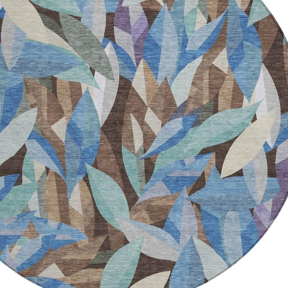 HomeRoots 8' Round Floral Area Rug in Brown and Blue | Washable, Stain-Resistant, Indoor/Outdoor Charm 689855