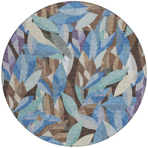 HomeRoots 8' Round Floral Area Rug in Brown and Blue | Washable, Stain-Resistant, Indoor/Outdoor Charm 689855