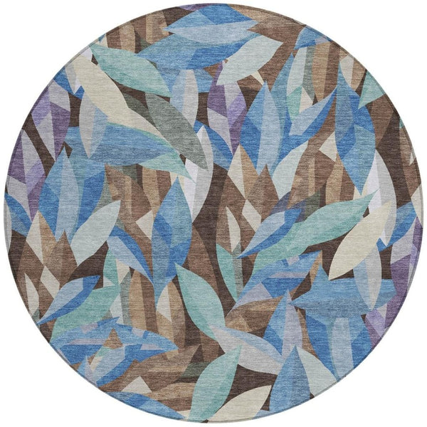 HomeRoots 8' Round Floral Area Rug in Brown and Blue | Washable, Stain-Resistant, Indoor/Outdoor Charm 689855