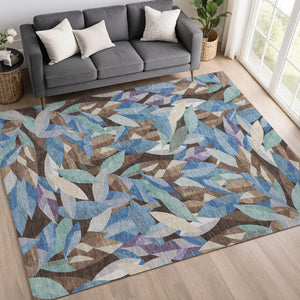 HomeRoots 9' X 12' Brown And Blue Floral Washable Area Rug - Durable, Stylish, and Perfect for Indoor/Outdoor Use! 689857