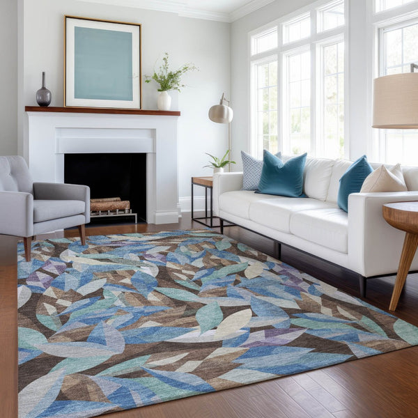 HomeRoots 9' X 12' Brown And Blue Floral Washable Area Rug - Durable, Stylish, and Perfect for Indoor/Outdoor Use! 689857