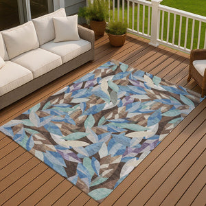 HomeRoots 10' X 14' Brown and Blue Floral Washable Area Rug - Versatile Indoor/Outdoor Style for Every Space 689858