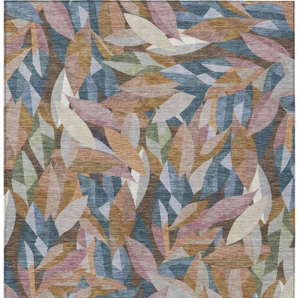 HomeRoots 5' Copper and Blue Floral Washable Indoor-Outdoor Area Rug – Durable, Stylish, and Versatile Charm! 689860