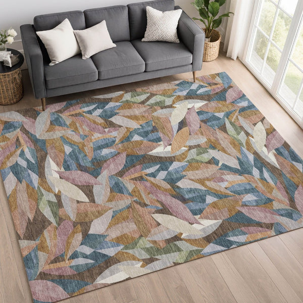 HomeRoots 5' Copper and Blue Floral Washable Indoor-Outdoor Area Rug – Durable, Stylish, and Versatile Charm! 689860