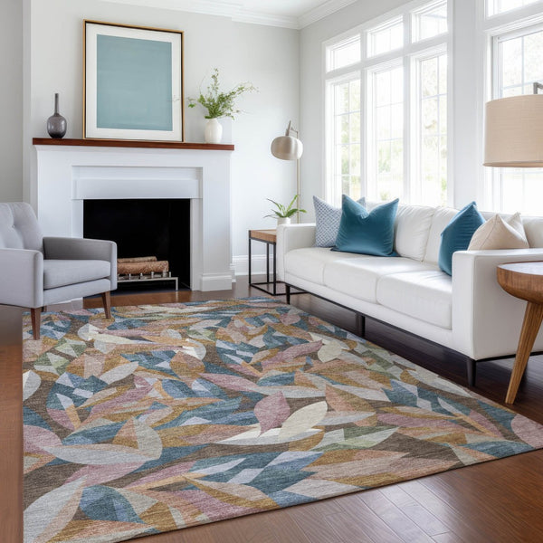 HomeRoots 5' Copper and Blue Floral Washable Indoor-Outdoor Area Rug – Durable, Stylish, and Versatile Charm! 689860