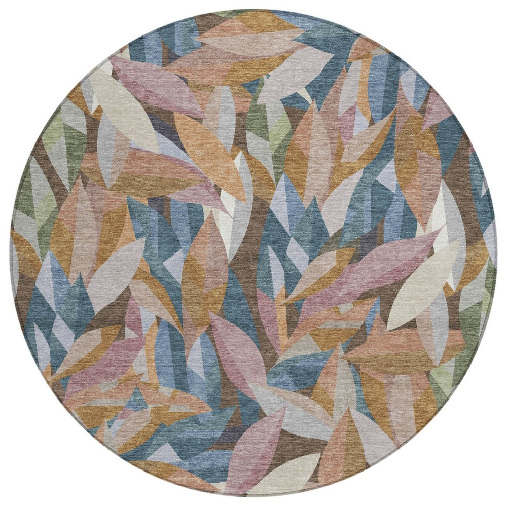 HomeRoots 8' Copper and Blue Round Floral Rug – Stylish, Durable, Washable Area Rug for Indoor & Outdoor Spaces 689861