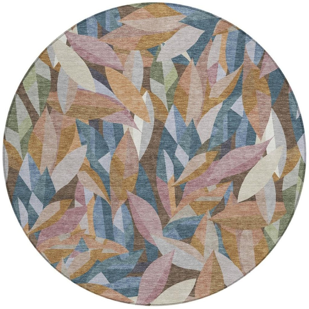 HomeRoots 8' Copper and Blue Round Floral Rug – Stylish, Durable, Washable Area Rug for Indoor & Outdoor Spaces 689861