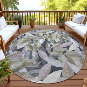 HomeRoots 8' Khaki and Brown Round Floral Area Rug - Durable, Washable, Stylish for Indoor or Outdoor Use 689867