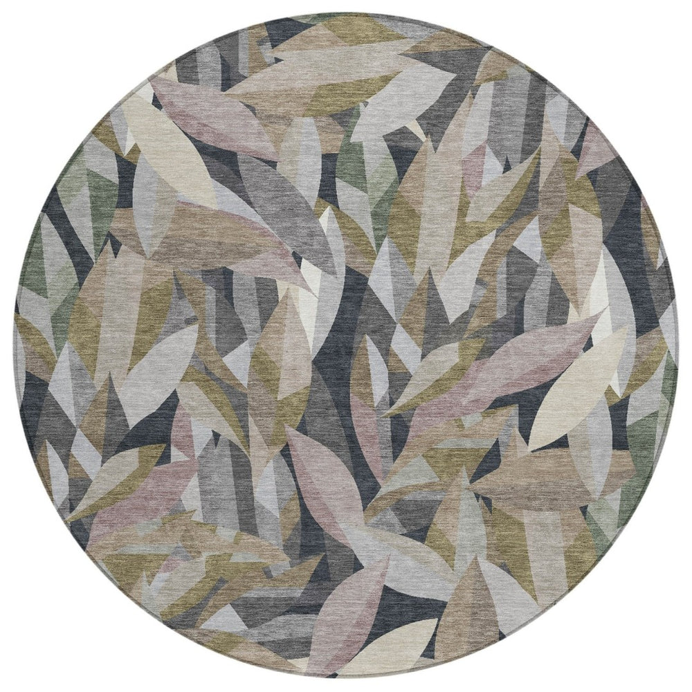 HomeRoots 8' Khaki and Brown Round Floral Area Rug - Durable, Washable, Stylish for Indoor or Outdoor Use 689867
