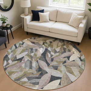HomeRoots 8' Khaki and Brown Round Floral Area Rug - Durable, Washable, Stylish for Indoor or Outdoor Use 689867