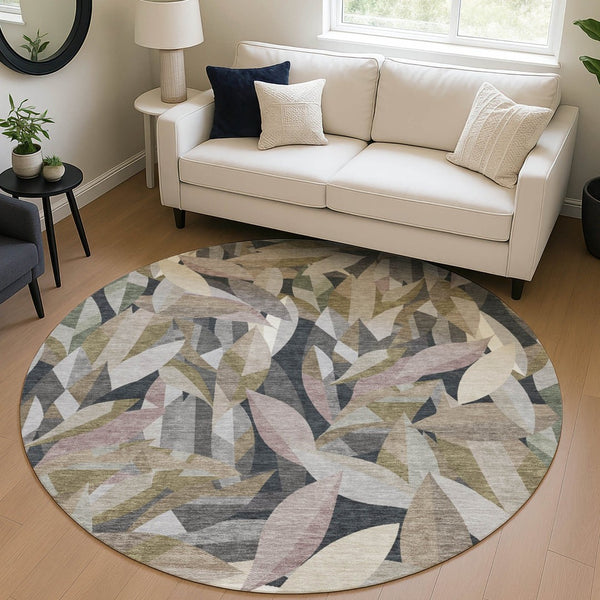 HomeRoots 8' Khaki and Brown Round Floral Area Rug - Durable, Washable, Stylish for Indoor or Outdoor Use 689867