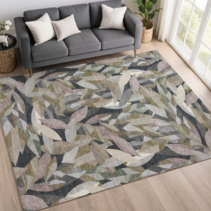 HomeRoots 10' Khaki and Brown Floral Area Rug - Washable Indoor/Outdoor Design for High-Traffic Spaces, 10x14 ft. 689870
