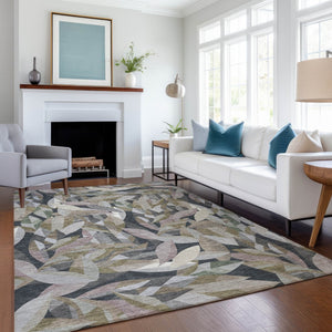 HomeRoots 10' Khaki and Brown Floral Area Rug - Washable Indoor/Outdoor Design for High-Traffic Spaces, 10x14 ft. 689870