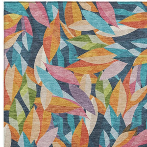 HomeRoots 5' X 8' Floral Washable Area Rug - Vibrant Navy Blue with Orange & Yellow for Indoor/Outdoor Use 689872