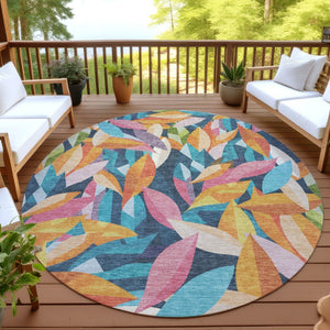 HomeRoots 8' Vibrant Navy Blue, Orange & Yellow Floral Round Area Rug - Washable & Perfect for Indoors/Outdoors 689873