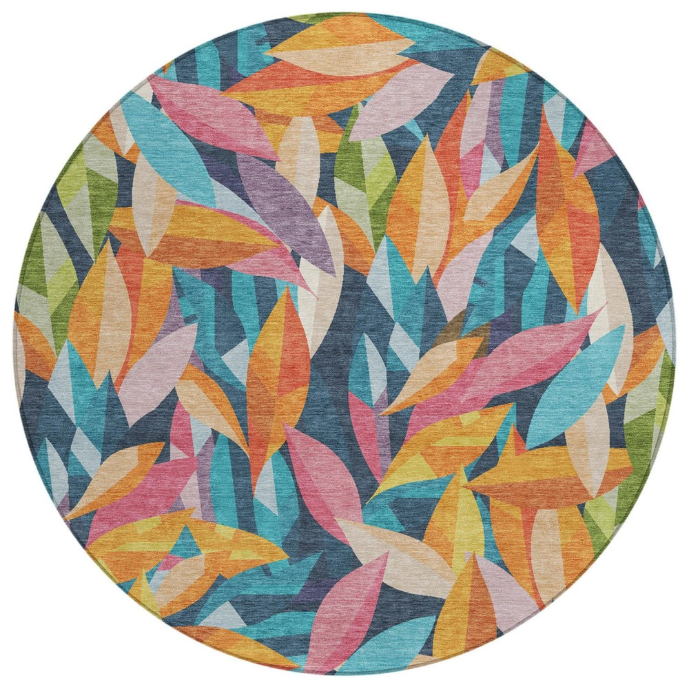 HomeRoots 8' Vibrant Navy Blue, Orange & Yellow Floral Round Area Rug - Washable & Perfect for Indoors/Outdoors 689873