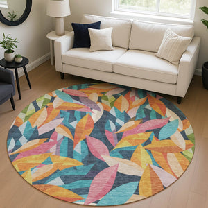 HomeRoots 8' Vibrant Navy Blue, Orange & Yellow Floral Round Area Rug - Washable & Perfect for Indoors/Outdoors 689873