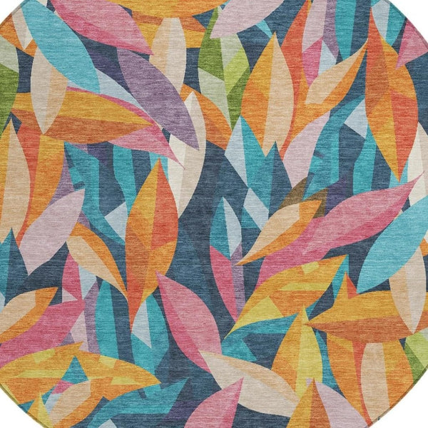 HomeRoots 8' Vibrant Navy Blue, Orange & Yellow Floral Round Area Rug - Washable & Perfect for Indoors/Outdoors 689873