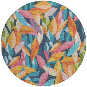 HomeRoots 8' Vibrant Navy Blue, Orange & Yellow Floral Round Area Rug - Washable & Perfect for Indoors/Outdoors 689873