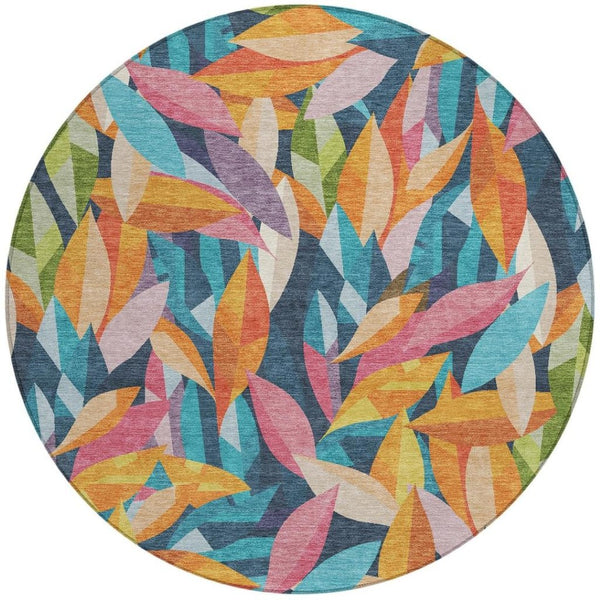 HomeRoots 8' Vibrant Navy Blue, Orange & Yellow Floral Round Area Rug - Washable & Perfect for Indoors/Outdoors 689873